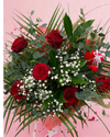 A bouquet of red roses with baby's breath and green foliage, presented in a red Valentine's gift box with water.
